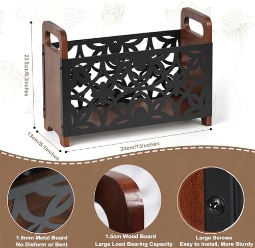 Magazine Holder,Oak Wood Magazine Rack Floor,Lotus Pattern - Image 5