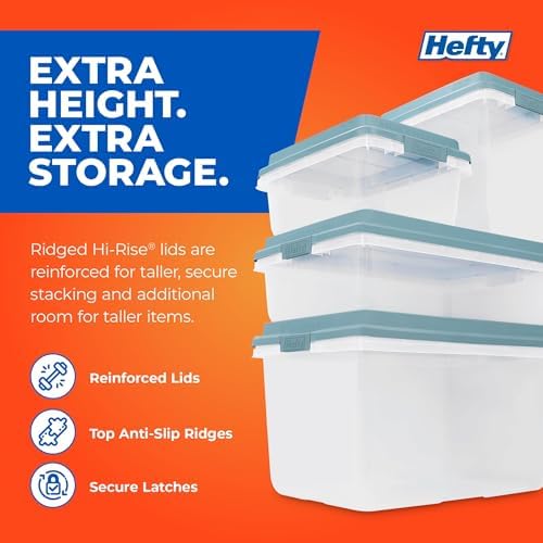 Hefty HI-RISE Stackable Storage Bins - Under Bed Storage Containers with Lids, Shoe Organizer, Plastic Storage Bins, Clear Shoe Boxes with XL Lid-Locking Latches, Durable Double Rim - 72qt (6 Pack) - Image 6