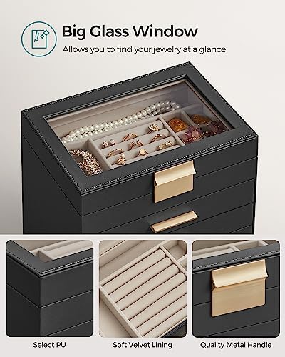 SONGMICS Jewelry Box Organizer, 6-Layer Storage with 5 Drawers, Glass Lid - Image 4
