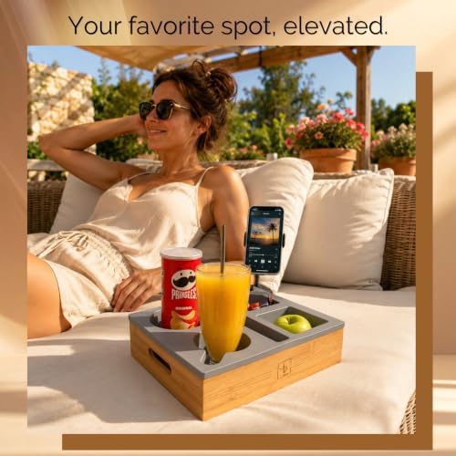 Couch Caddy with Cup Holder | Wood Couch Cup Holder Tray for Drinks, Snacks & Remotes | Sofa Couch Organizer with Phone & Cup Holder Tray (Grey) - Image 7