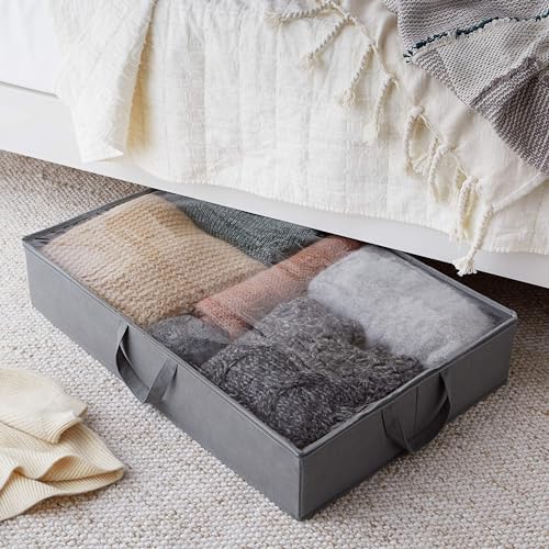 Amazon Basics Under Bed Storage Bags for Clothes, Blankets and Linens, Foldable Fabric Containers with Clear Window and Handles, 30.2" x 20" x 5.7", Gray, 2-Pack - Image 2