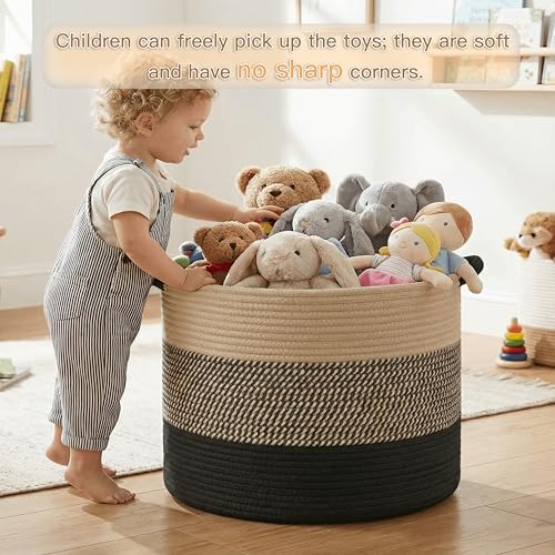 Artfeel 40L Large Cotton Rope Basket, Decorative Woven Blanket Storage for Living Room, Boho Toy Storage & Toy Box for Kids, Versatile Laundry Basket & Nursery Hamper for Blankets(BlackBrown) - Image 4