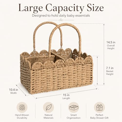 Large Wicker Diaper Caddy Organizer, Scalloped Nursery Basket for Changing Table, Woven Rope Baby Holder with Removable Divider, Portable Organizer for Diapers Wipes Clothes Toys & Essentials (Brown) - Image 2