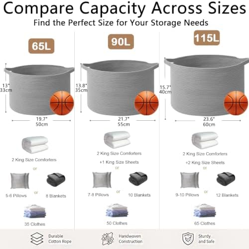 65L Large Blanket Basket,Woven Rope Laundry Basket-Light Gry - Image 2