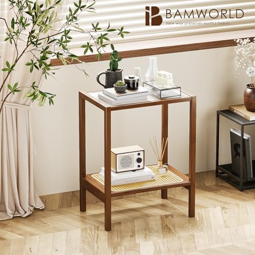 Bamworld Rattan Side Table Boho End Table 2-Tier with Storage Living Room - Image 3