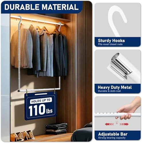 Hanging Closet Rod Extenders, Adjustable Width and Height Closet Extender Hanging Rod, Space-Saving Closet Hanging Rod, Heavy Duty Closet Bar for Hanging Clothes, 1 Pack White - Image 5