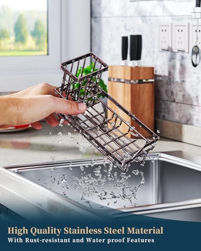 Consumest Sink Caddy Kitchen Organizer, Sponge Holder for Kitchen Sink with Removable Drip Tray for Countertop Dish Soap Holder Dispenser Brush Holder, 304 Stainless Steel - Bronze - Image 6