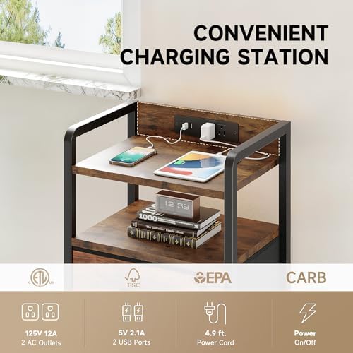 Lazzanto Nightstand with Rear Charging Station, LED Light, 2 Drawers, Brown - Image 5