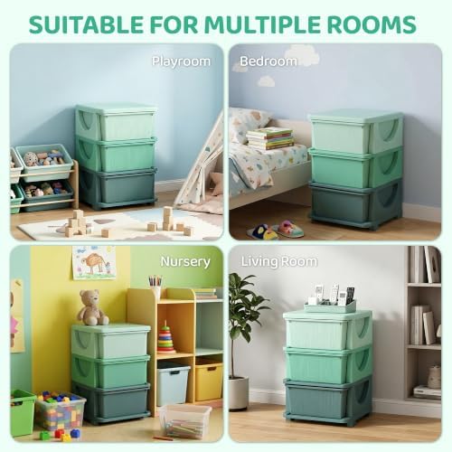 Qaba 3 Drawers Kids Storage Unit 3 Tier Toy Organizers Green - Image 6
