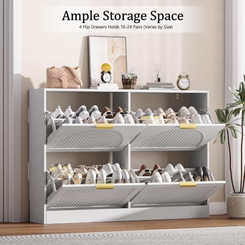 Fluted Shoe Storage Cabinet for Entryway, 4 Flip Drawers, White - Image 3