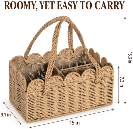 Large Baby Diaper Caddy, Brown Paper Rope Storage Basket with Handles, Portable Nursery Organizer with Removable Divider for Diapers, Wipes, Baby Essentials (Light Brown) - Image 2