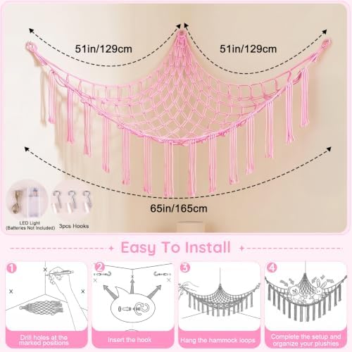 Basumee Stuffed Animals Hammock with LED Light Corner Net, Girls Room Decor - Image 6