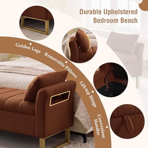 66" Storage Bench for Bedroom Upholstered End of Bed Bench King Size Brown - Image 4