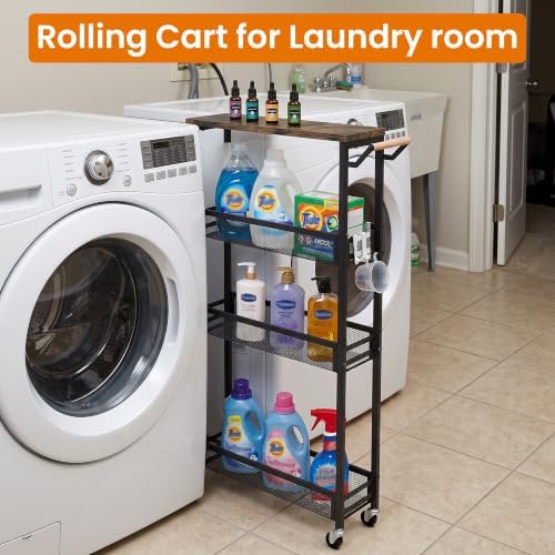 Vincona Extra Slim Storage Cart with Adjustable Shelf, 4 Tier 5.1" Narrow Rolling Utility Cart with Wooden Tabletop, Small Metal Mobile Shelf Unit Organizer Trolley for Laundry, Bathroom, Kitchen - Image 5
