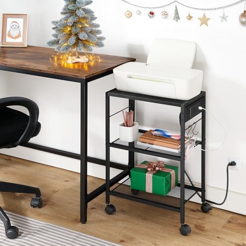 HOOBRO Industrial Printer Stand, 3-Tier Mobile Printer Table, Rolling Cart with Power Outlets and USB Ports, Home Printer Stand with 2 Hooks, for Office, Living Room, Black BB22UPS01 - Image 2
