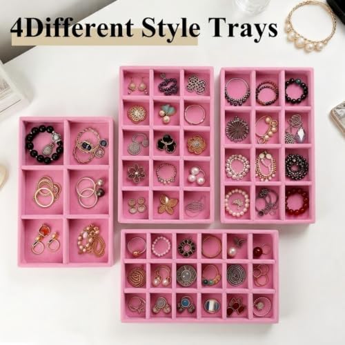 24 Pack Velvet Jewelry Trays Stackable Jewelry Organizer Trays Drawer Inserts Divided Storage Containers for Rings Earrings Jewelry Display (Pink) - Image 5