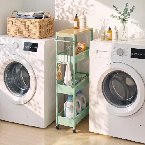 7.1" Wide Slim Storage Cart on Wheels, 4 Tier Metal Narrow Rolling Cart with Handle and Wood Top, Multifunctional Small Mobile Shelf Unit Organizer Trolley for Laundry, Bathroom, Kitchen - Image 2