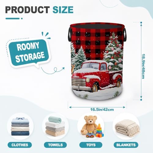 Christmas Red Truck Collapsible Laundry Hamper,Winter Deer Waterproof Oxford Cloth Clothes Basket with Handles for Bathroom Bedroom Nursery Dorm Room,16" x 20" - Image 2