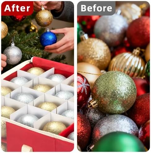 inin Christmas Ornament Storage Box with Adjustable Dividers,Christmas Ornaments Organizer with Zipper,Storage Container Bin with Side Pockets for Holiday Decorations(128 Ball, Red, without Tray) - Image 5