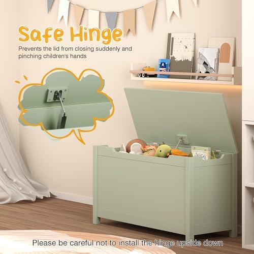 Kids Toy Box Chest, Large Wooden Storage Trunk Bench with Safety Hinged Lid for Ages 3+ Sage - Image 6