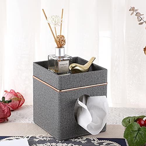 Sumnacon Linen Square Tissue Box Cover with Tray Tissue Box Holder,Grey - Image 2