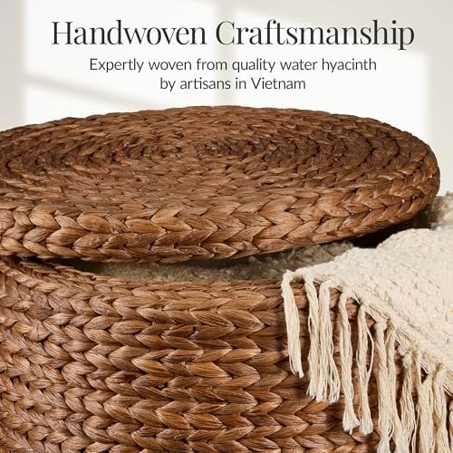 Best Choice Products 17" Round Storage Ottoman W/Lid, Handwoven Water Hyacinth Footstool, Footrest w/Wooden Legs, Accent Side Table, Storage Container, Plant Stand - Chestnut - Image 4