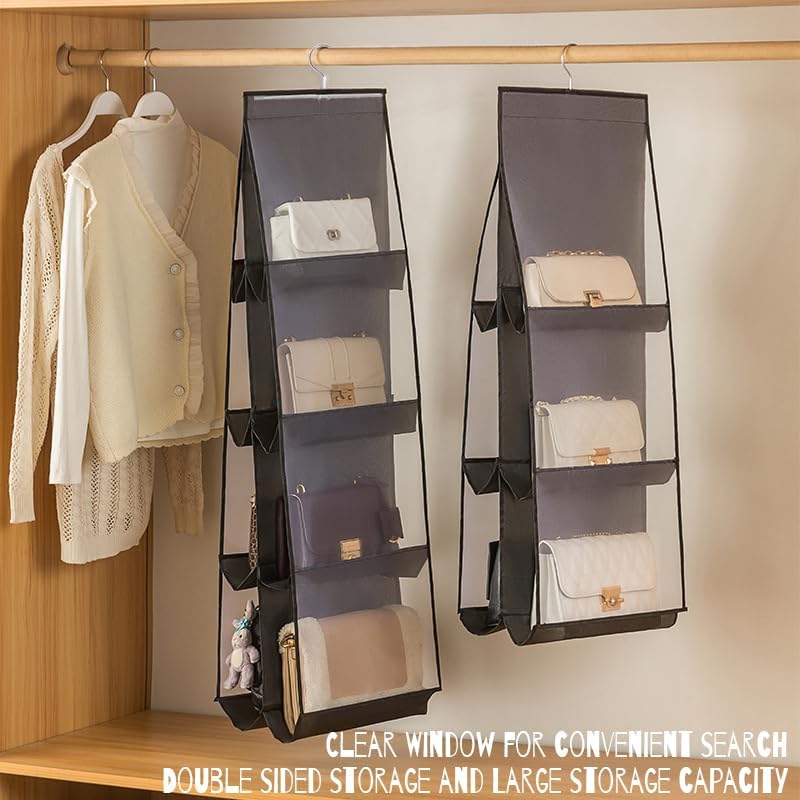 MURRI&MURRDI Hanging Handbag Organizer for Closet, Purse Storage Holder with 8 Clear Mesh Pockets, Space Saving Purse Hanger for Wardrobe, Black - Image 7