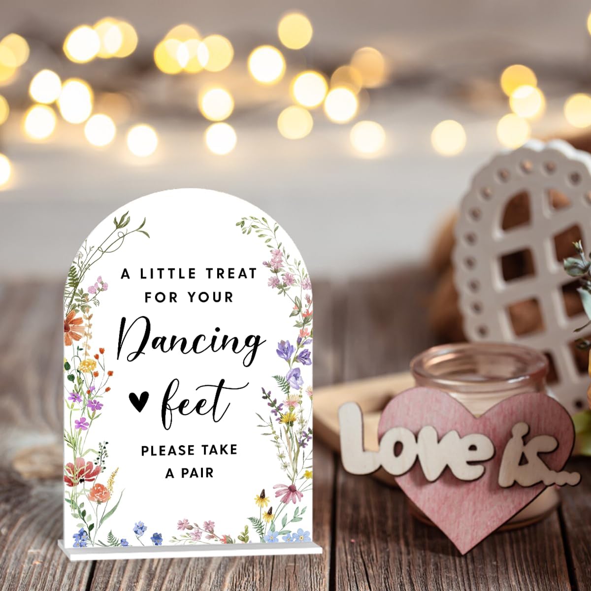 Acrylic Wedding Signs, Dancing Feet Signs for Marriage Reception, Bridal Shower Decorations, Modern Arched Round Top Acrylic Table Top Sign with Holder for Wedding Party Dinner (White Wildflowers)