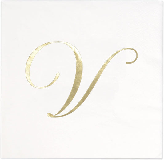 Gift Boutique 100 Gold Monogram Cocktail, Letter V Disposable Paper Pack Elegant Metallic Golden Foil Hand Napkin for Powder Room Wedding Holiday Birthday Party Baby Shower Decorative Towels