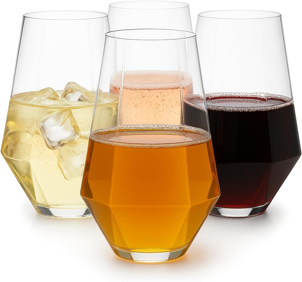 Oojami 48 Pack Diamond Clear Unbreakable Stemless Plastic Glasses 24 9oz Stemless Champagne Flutes & 24 12oz Cups BPA-Free, Disposable, Shatterproof Drinkware for Weddings, Bars, Events, and Parties