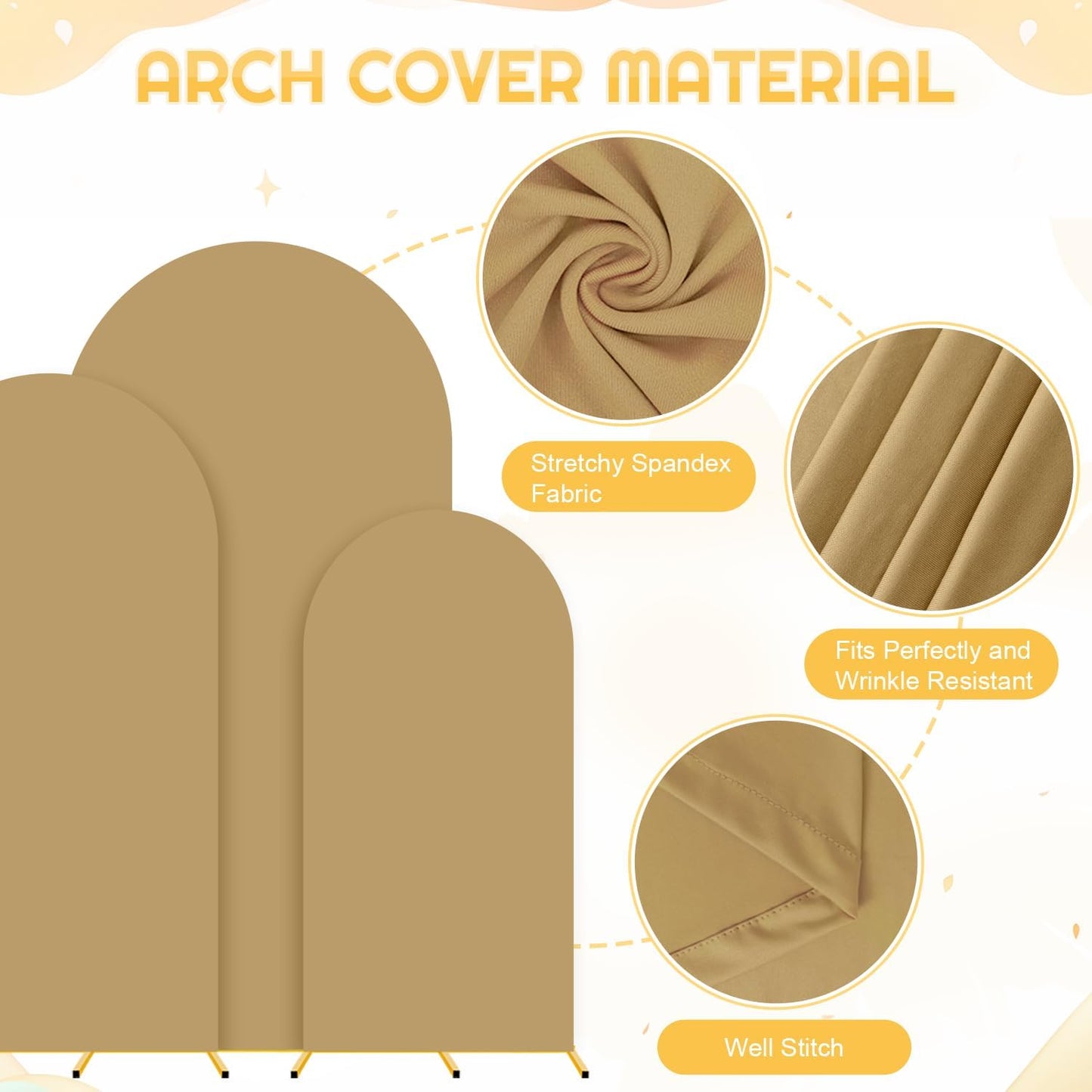 Metal Backdrop Arch Stand Set of 3 with Brown Spandex Arch Covers Stretchy Backdrop 6FT, 5FT, 4FT Stable Balloon Arch Frame Stand Backdrops and Arch Stands Cover for Wedding Ceremony Grad Party Decor