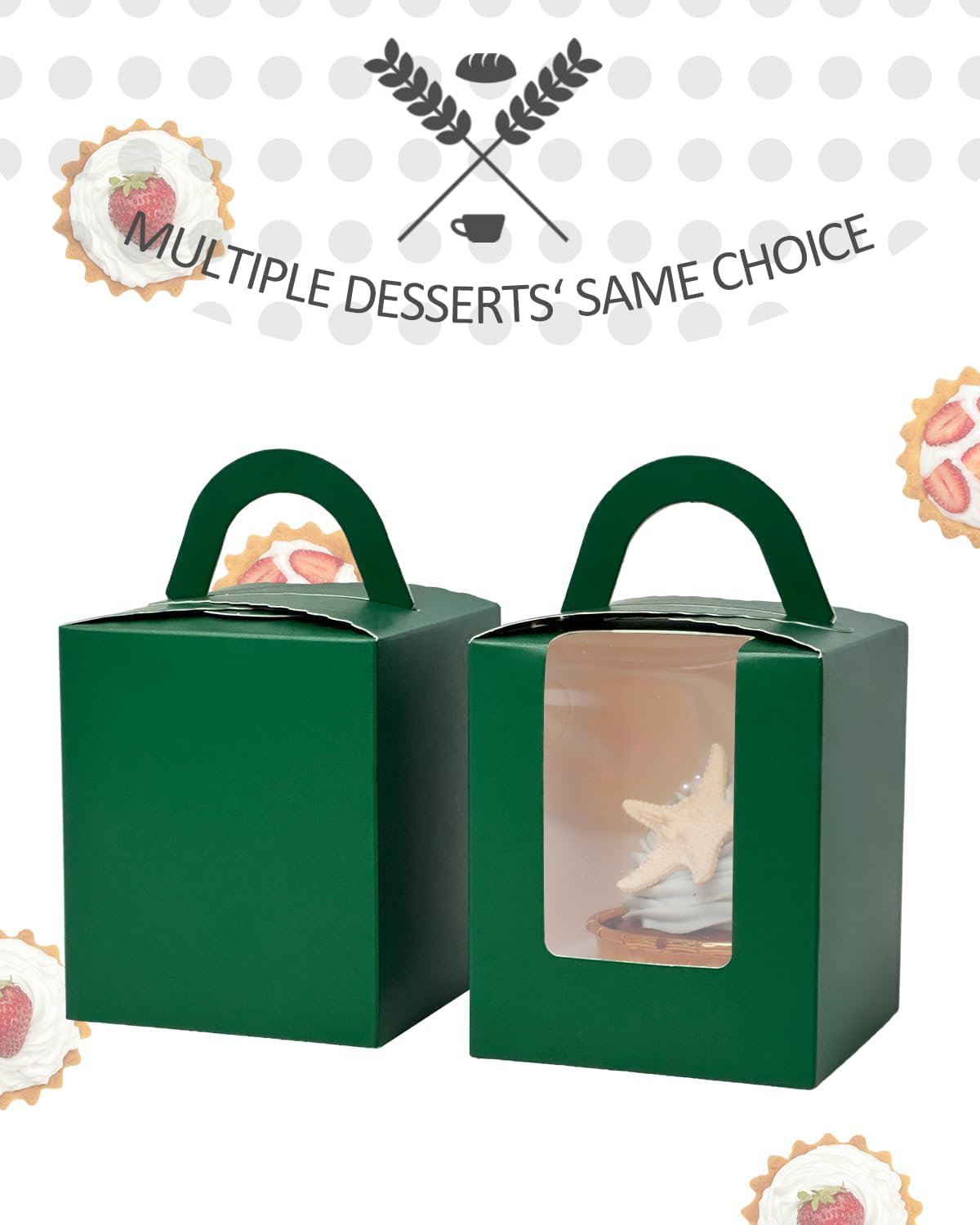 qiqee Cupcake Boxes Green Individual Cupcake Holders Disposable 50pcs Single Cupcake Boxes with Window 3.7" 3.7"*4.5" Cupcake Containers