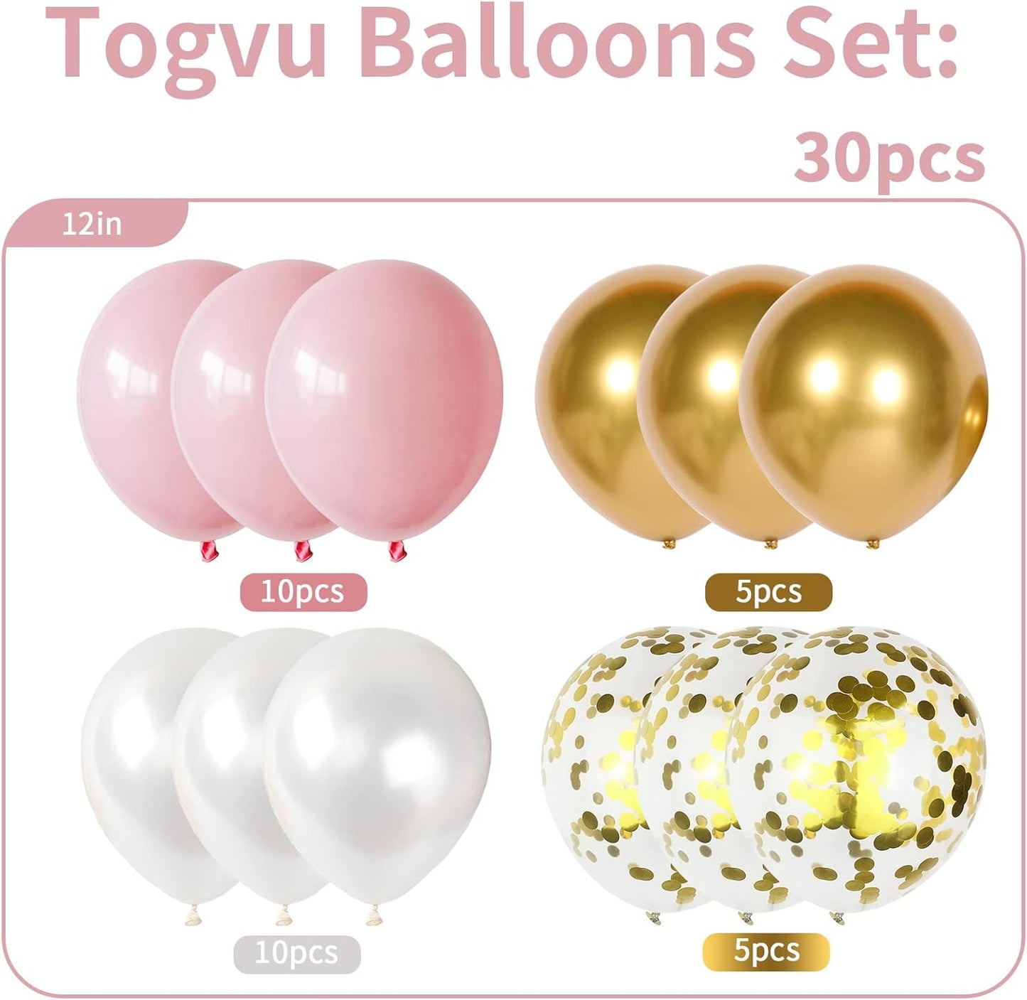 Balloons Pink White Gold, 12 Inch Pastel Pink Pearl White Metallic Chrome Gold Confetti Latex Balloons, Baby Pink Gold Party Balloons Set for Girls Baby Shower Birthday Princess Party Decorations