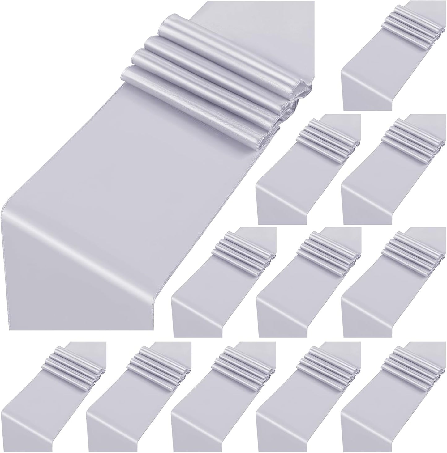 12 Pack Silver Satin Table Runner,12 x 108 inch Long Premium Smooth Table Runner for Wedding, Banquets, Birthday, Party, Graduation, Engagements, Table Runners fit Rectangle and Round Table