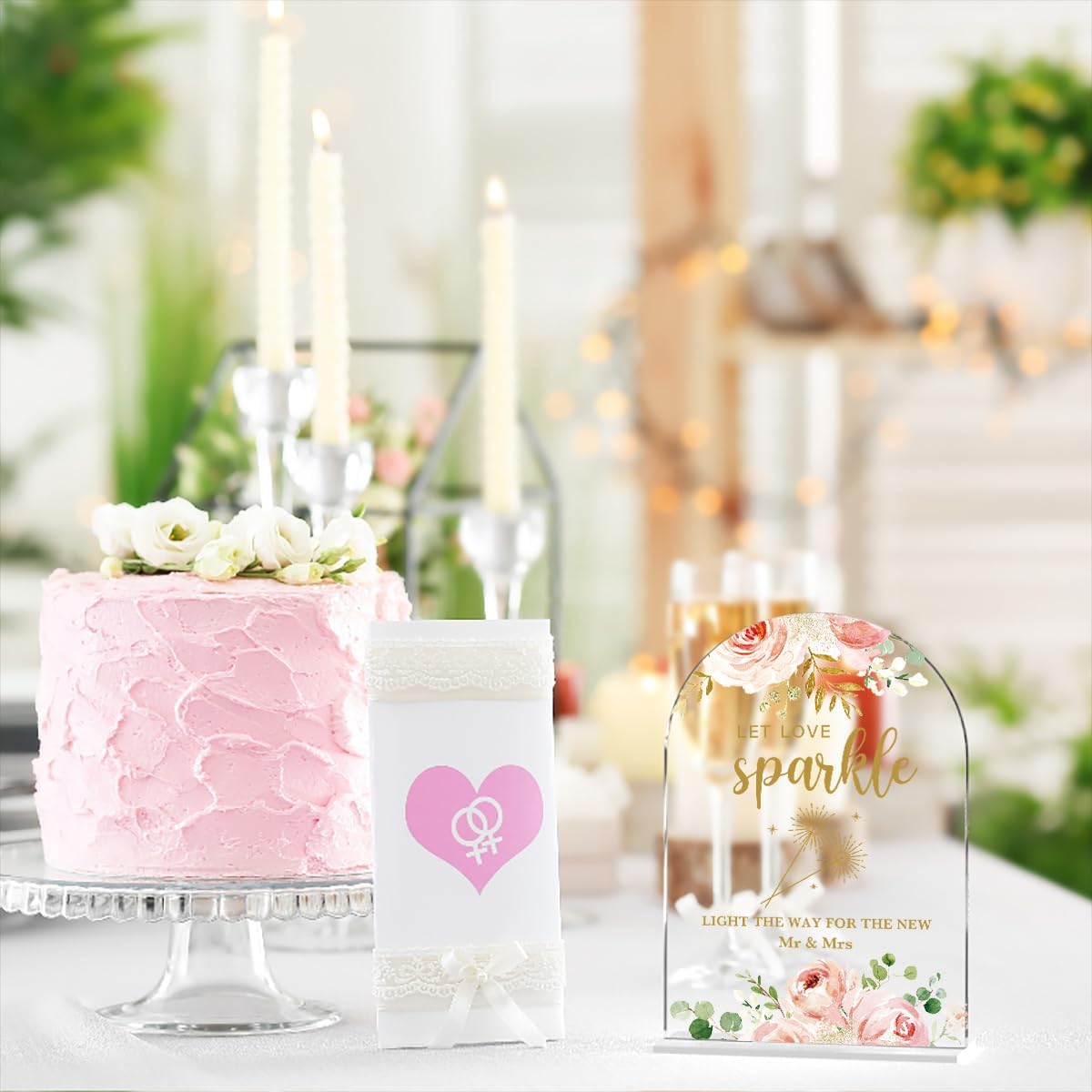Acrylic Wedding Signs, Bridal Shower Decorations, Let Love Sparkle Sign for Reception, Modern Calligraphy Arch Acrylic Table Top Sign for Wedding Reception and Engagement Parties (Clear Pink Flowers)