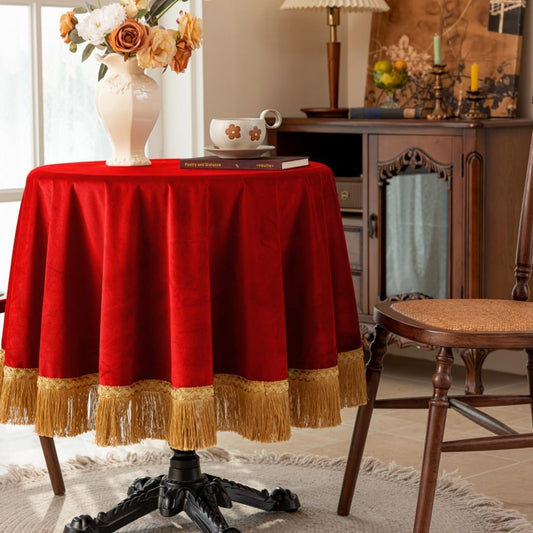 F-CHU Red Tablecloth Thickset Velvet Tablecloth with Beautiful Gold Tassels Vintage Table Cloth for Home Decor Wedding, Party, Banquet and Events 48" Round