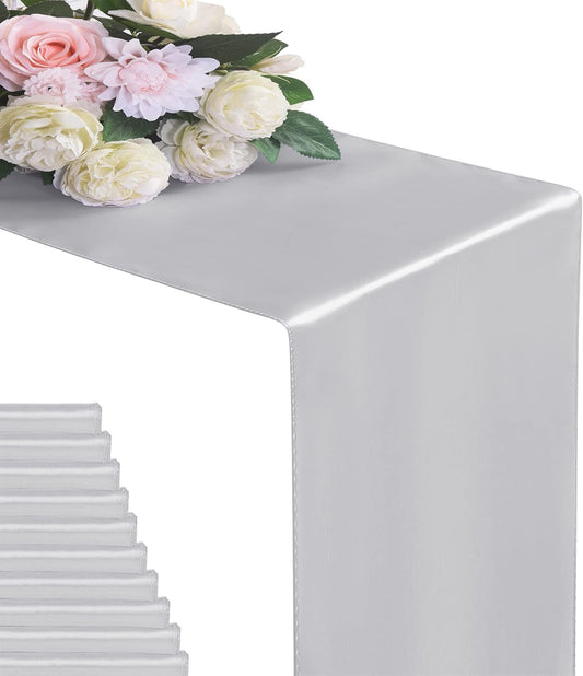 24Pack Table Runner 12 x 108 Inches Satin Silk Table Runner for Wedding, Birthday Party, Banquets, Graduations Decoration, fit Rectange and Round Table-Silver