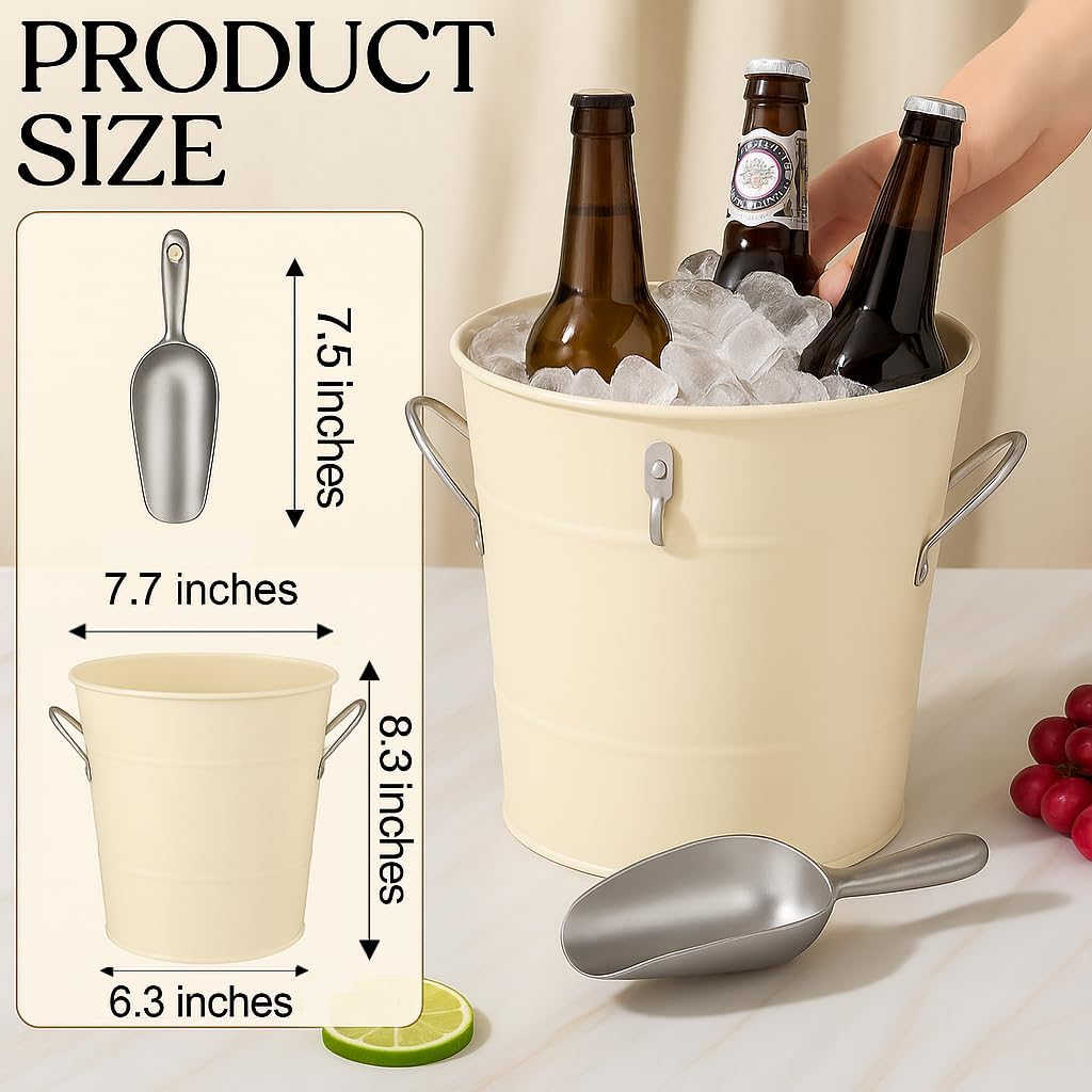 Insulated Ice Bucket with Lid Scoop Handle for Parties Cocktail Bar, 4L Round Mental Champagne Drink Wine Bucket for Drinks White
