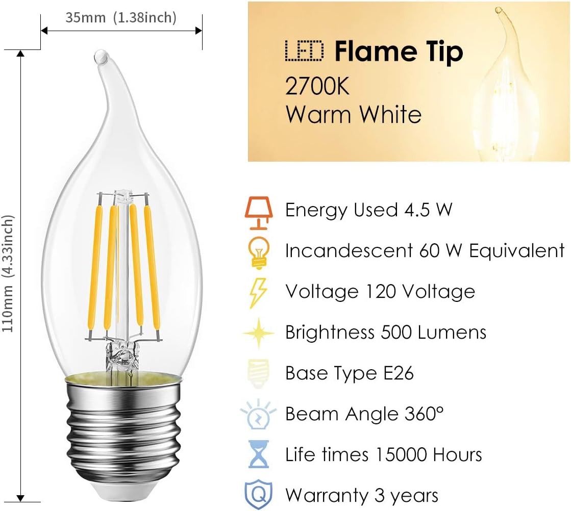 LVWIT Flame Tip LED Filament Bulb Candelabra E26 Base Dimmable 4.5W (60W Equivalent) B11 Chandelier Candle Light Bulb，2700K Warm White 6-Pack