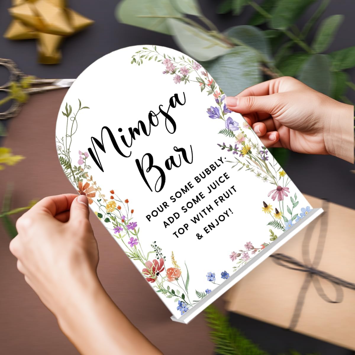 Acrylic Wedding Signs, Mimosa Bar Signs for Marriage Reception, Bridal Shower Decorations, Modern Arched Round Top Acrylic Table Top Sign with Holder for Wedding Party Dinner (White Wildflowers)