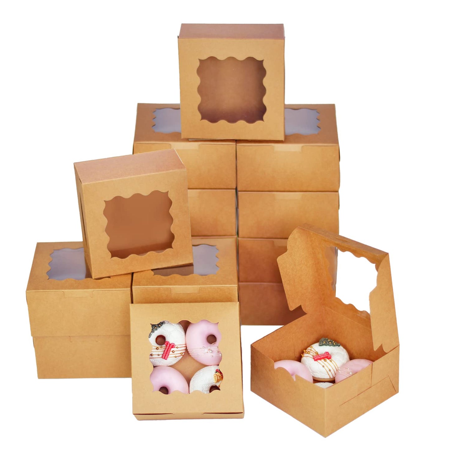 Bakepacker 100pcs Kraft Cookie Boxes 6x6x3 inches Easy Assemble Macaroon Pastry Boxes Bakery Boxes with Window for Bakery