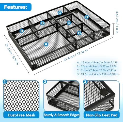 shenee Desk Drawer Organizer Tray,Drawer Organizer for Office and Home,Desk Organizer with Drawers,7 Compartments,Non-Slip Desk Organizers (Black, 12.3" L x 8.3" W x 1.8" H) - Image 2