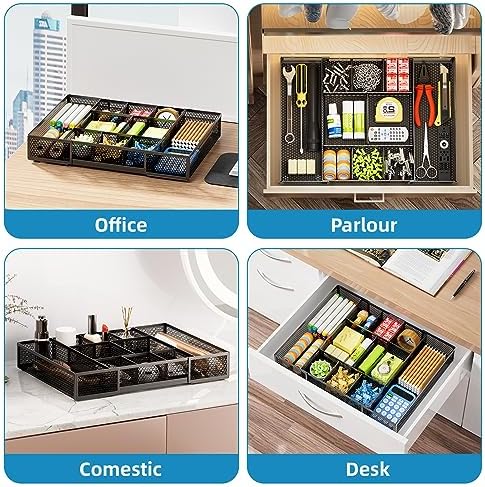 Marbrasse Expandable Desk Drawer Organizer, Mesh Drawer Organizer Tray with 10 Adjustable Compartments, Desk Organizers and Accessories, 5 Dividers Drawer for Office Supplies, Makeup & Vanity (Black) - Image 4