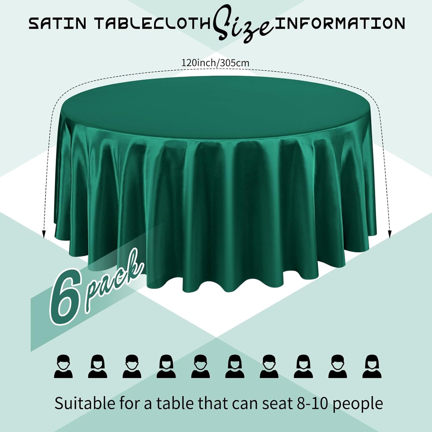 6 Packs Satin Tablecloth 120 Inch Dark Green Round Table Cloth Silk Tablecloth Smooth Fabric Overlay Satin Table Cover Decoration for Wedding Party Banquet Events