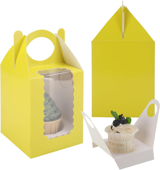Individual Cupcake Boxes 4x4x5 Inches Disposable Pastry Tray Boxes, With Window Insert and Handle, Perfect for Parties, Birthdays, Bakery Wrapping and Events Containers (Yellow-50Pack)