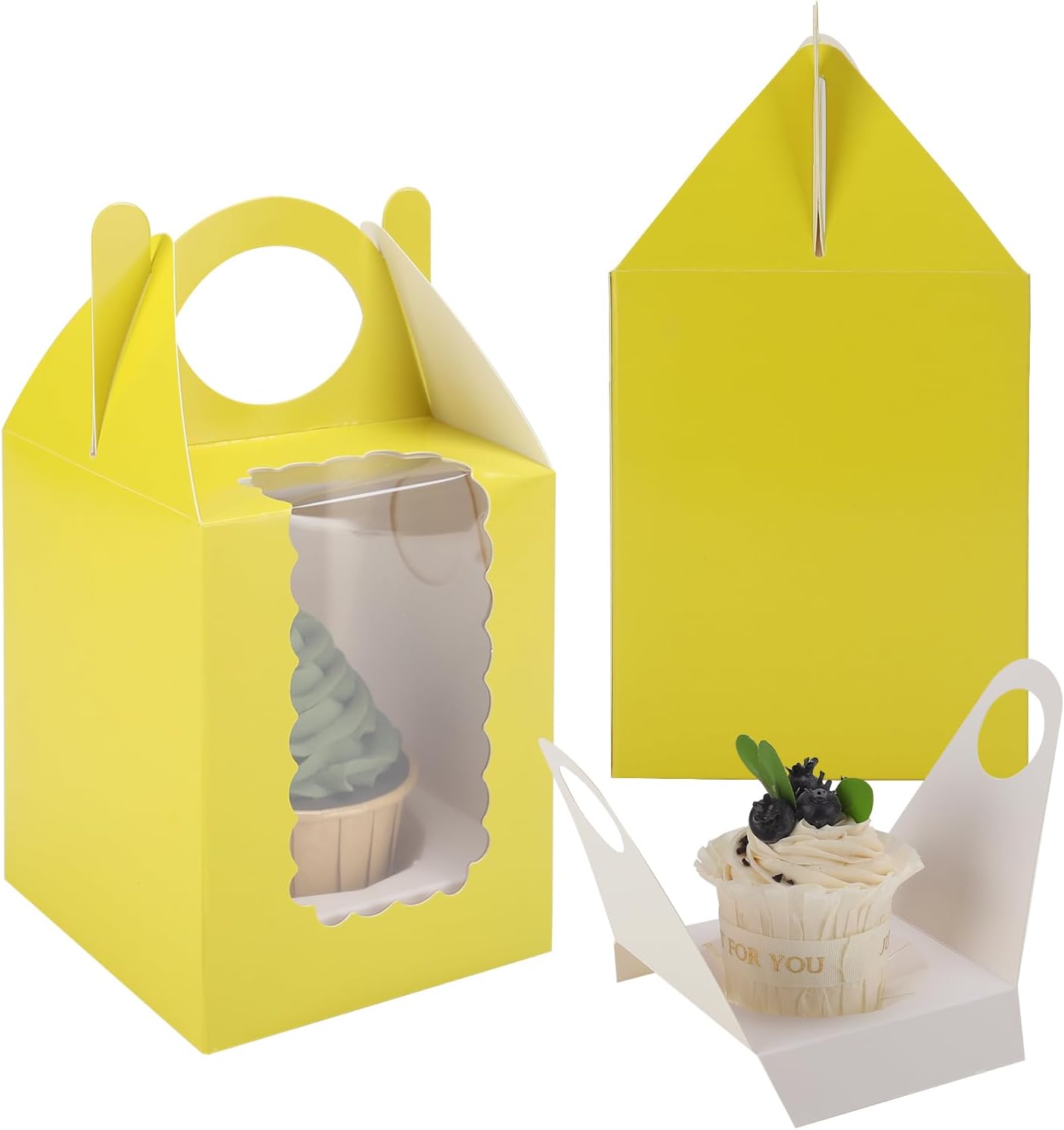 Individual Cupcake Boxes 4x4x5 Inches Disposable Pastry Tray Boxes, With Window Insert and Handle, Perfect for Parties, Birthdays, Bakery Wrapping and Events Containers (Yellow-25Pack)