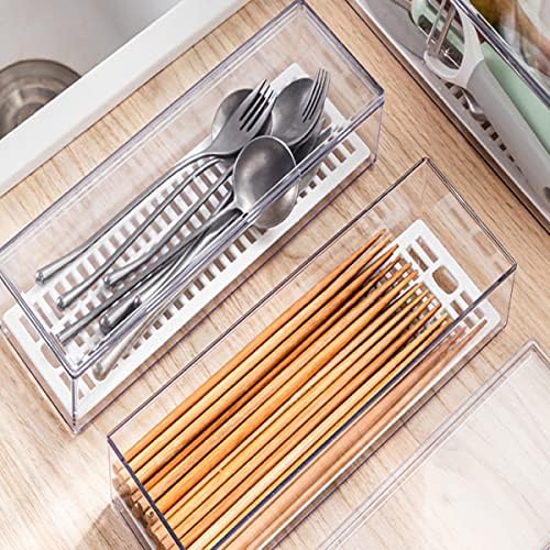 Large Transparent Flatware Tray Kitchen Drawer Organizer With Lid and Drainer - Plastic Kitchen Cutlery Tray and Utensil Storage Container with Cover - Dust-proof Dinnerware Holder - Image 6
