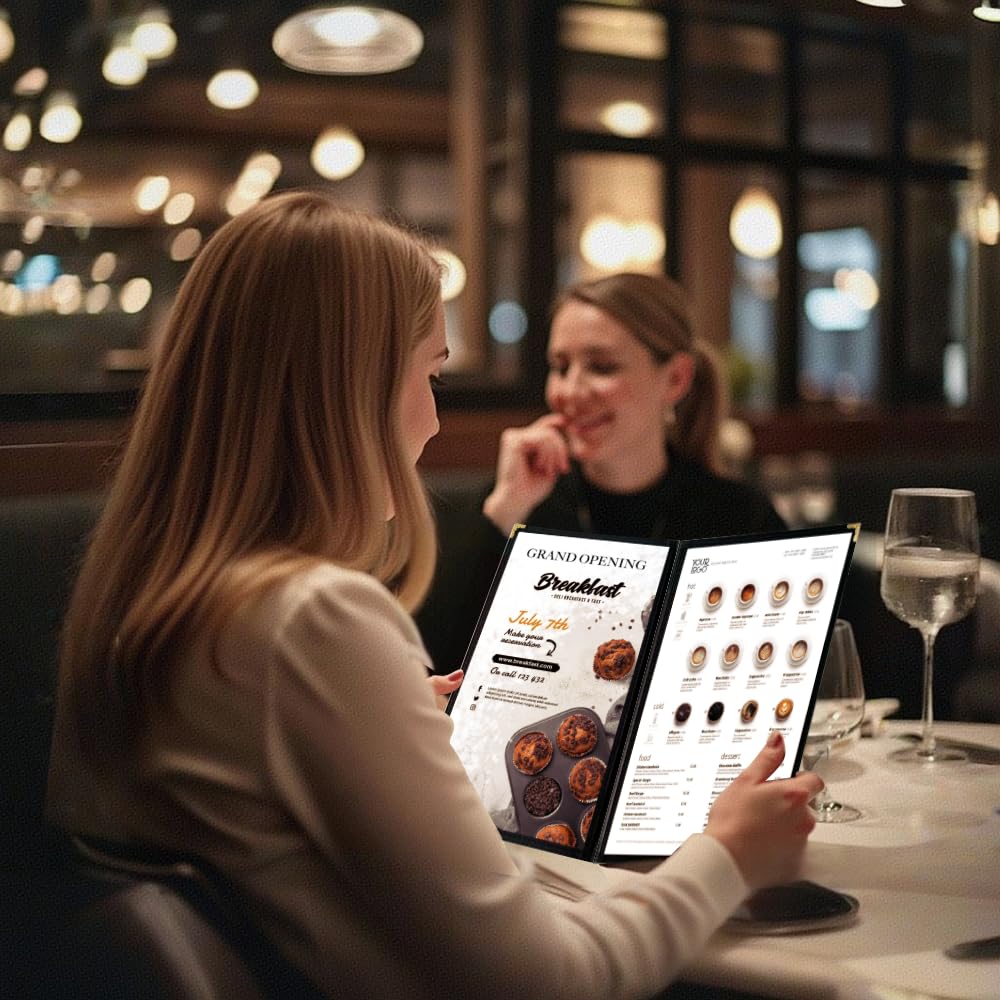 Goodsmart Restaurant Menu Covers - 25 Pack Black 8.5" x 11", 4-Page/8-View, Side-Loading Vinyl Menu Holders with Clear Sleeves, Double-Stitched, Leather-Style Café Covers, Morning Menu Homeschool