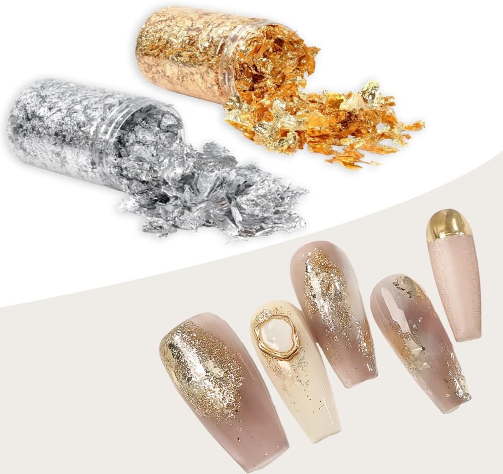 Joyzan Gold Flakes, Gold Foil Leaf Decoration Imitation Metallic Chocolates Baking Sheet Cake Decor Tweezers Resin Cooking Dessert Makeup Nail Art DIY Craft Jewelry Making Painting Slime 20g 2 Bottles