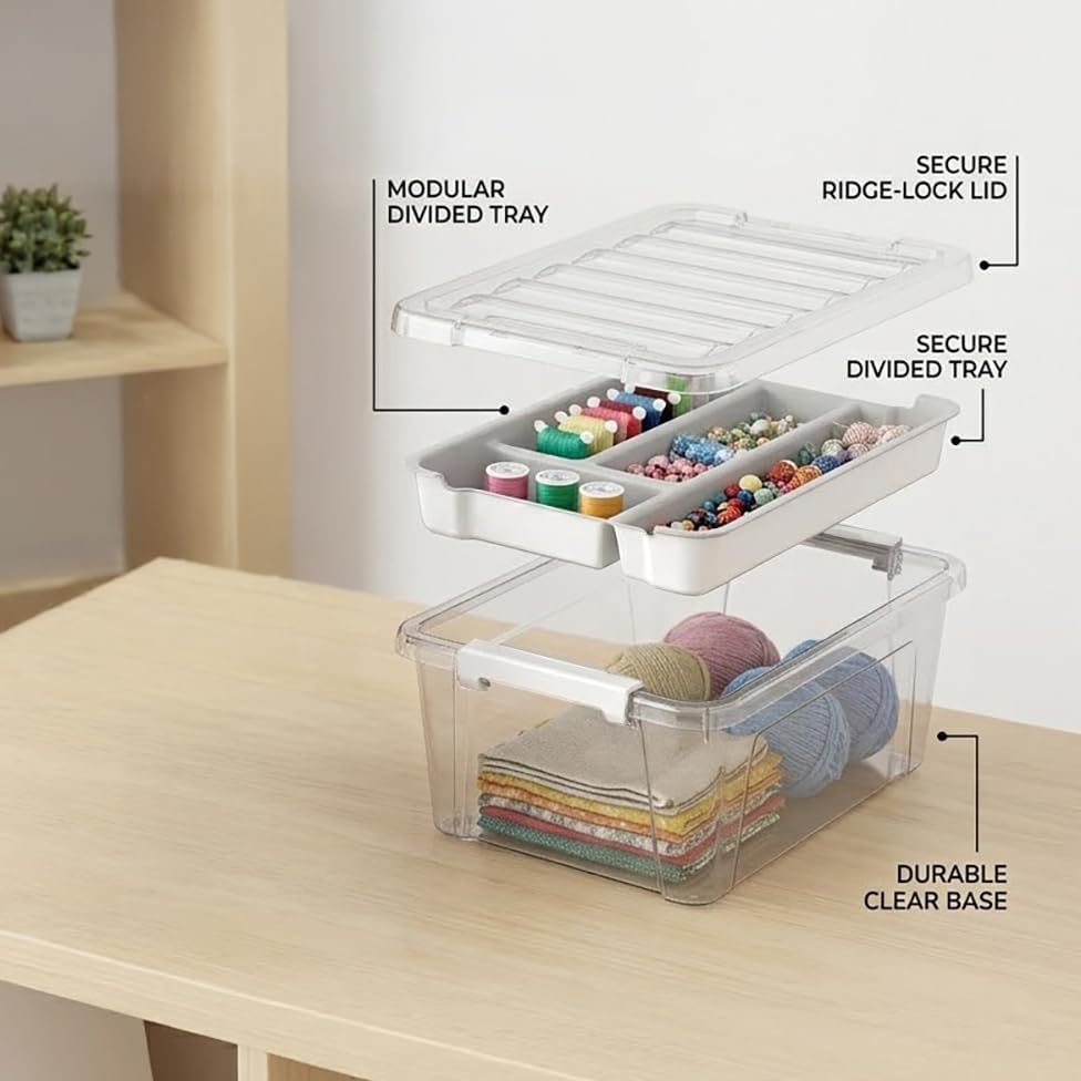 8-Quart Clear Plastic Storage Box with Removable Tray 2-Pack Craft Bins Organizers Containers - Image 5